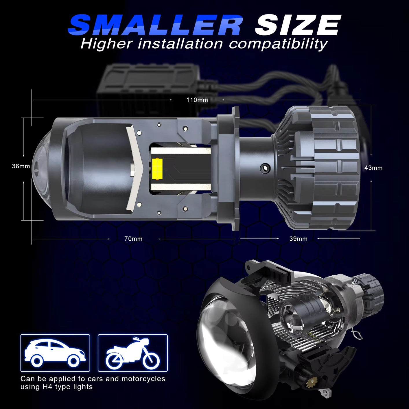 X-7SEVEN Beam-Focused X-Lumino Plus Series 140W 14000LM LHD H4 Mini Projector Lens for Motors and Car